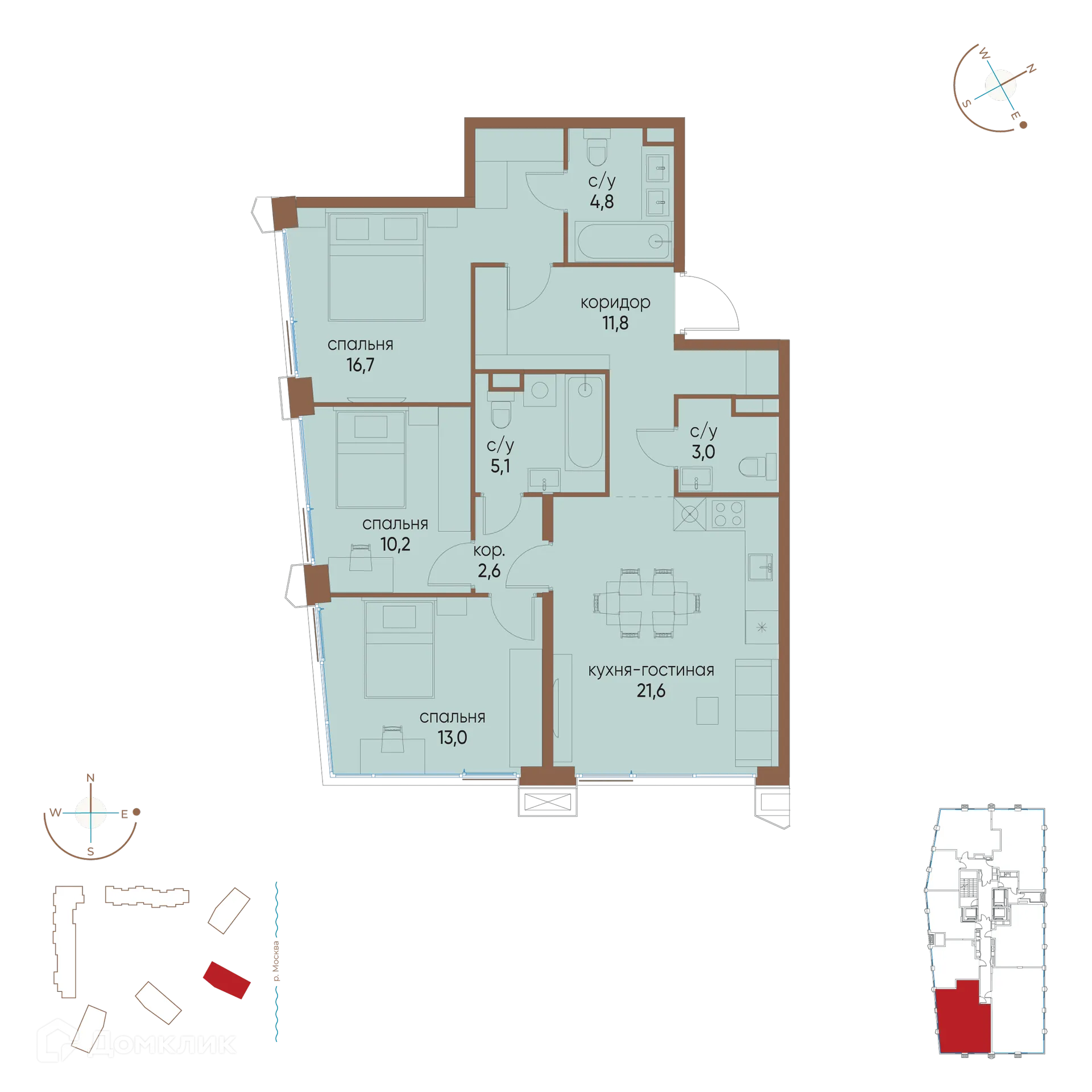 Планировка 3-комнатной квартиры 88.8 м² в ЖК "Остров", г. Москва — фото 1