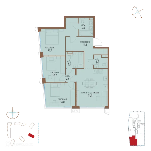 Планировка 3 комн. в ЖК "Остров"
