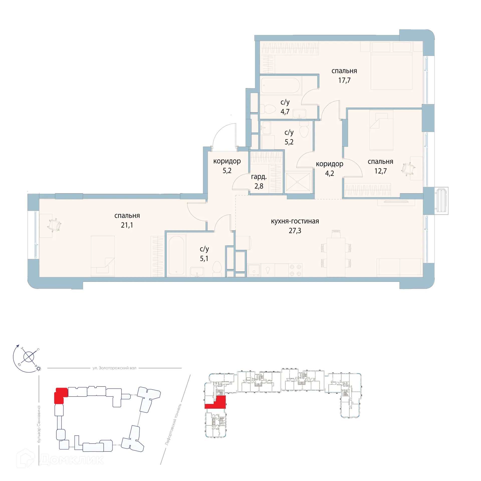Планировка 3-комнатной квартиры 106 м² в ЖК "Символ", г. Москва — фото 1