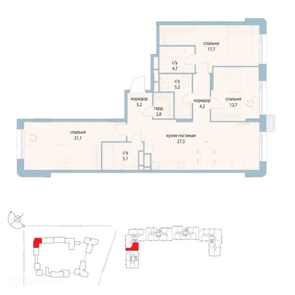 Планировка 3 комн. в ЖК "Символ"