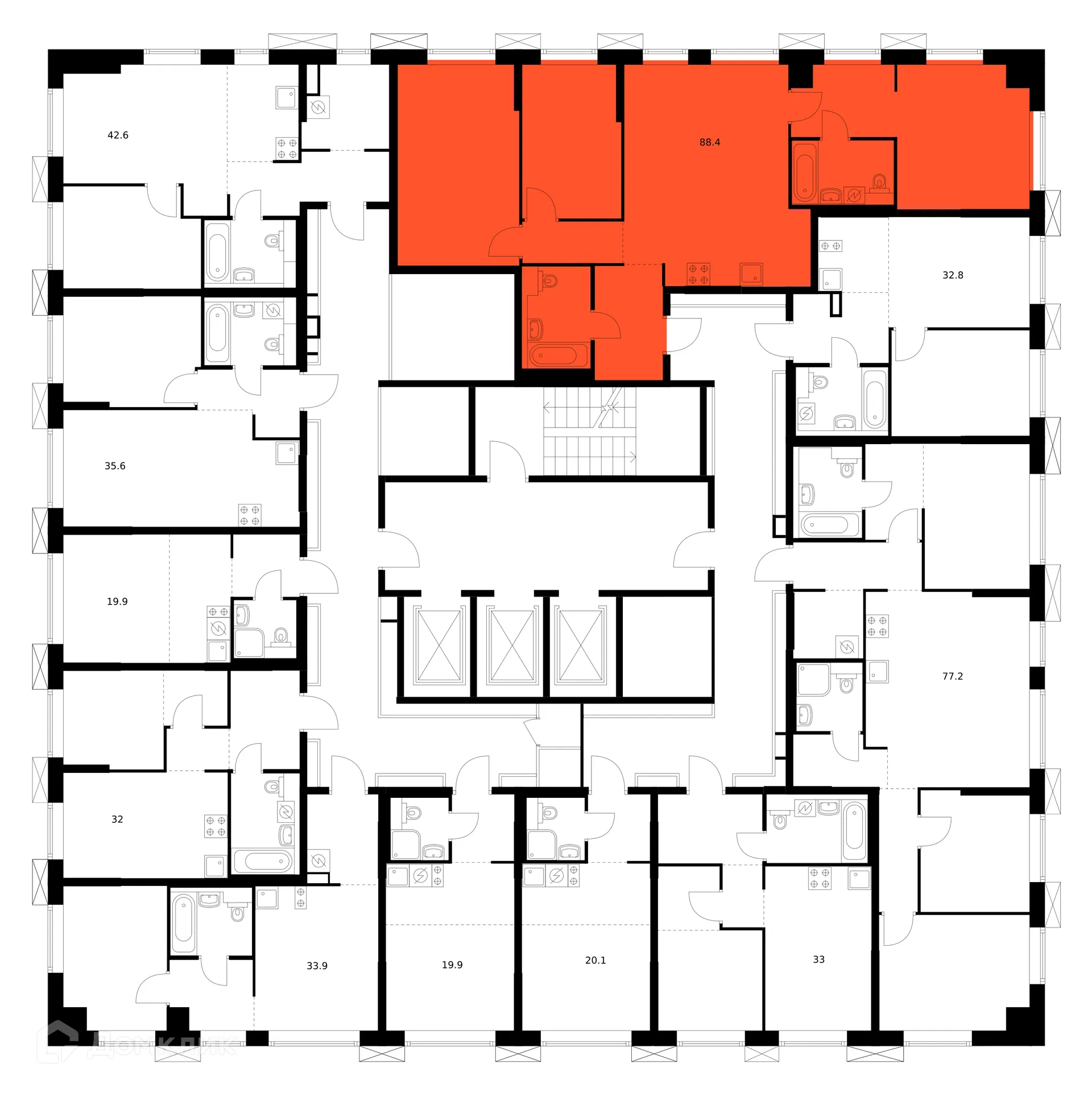 Планировка 3-комнатной квартиры 88.4 м² в ЖК Плеханова 11, г. Москва — фото 3