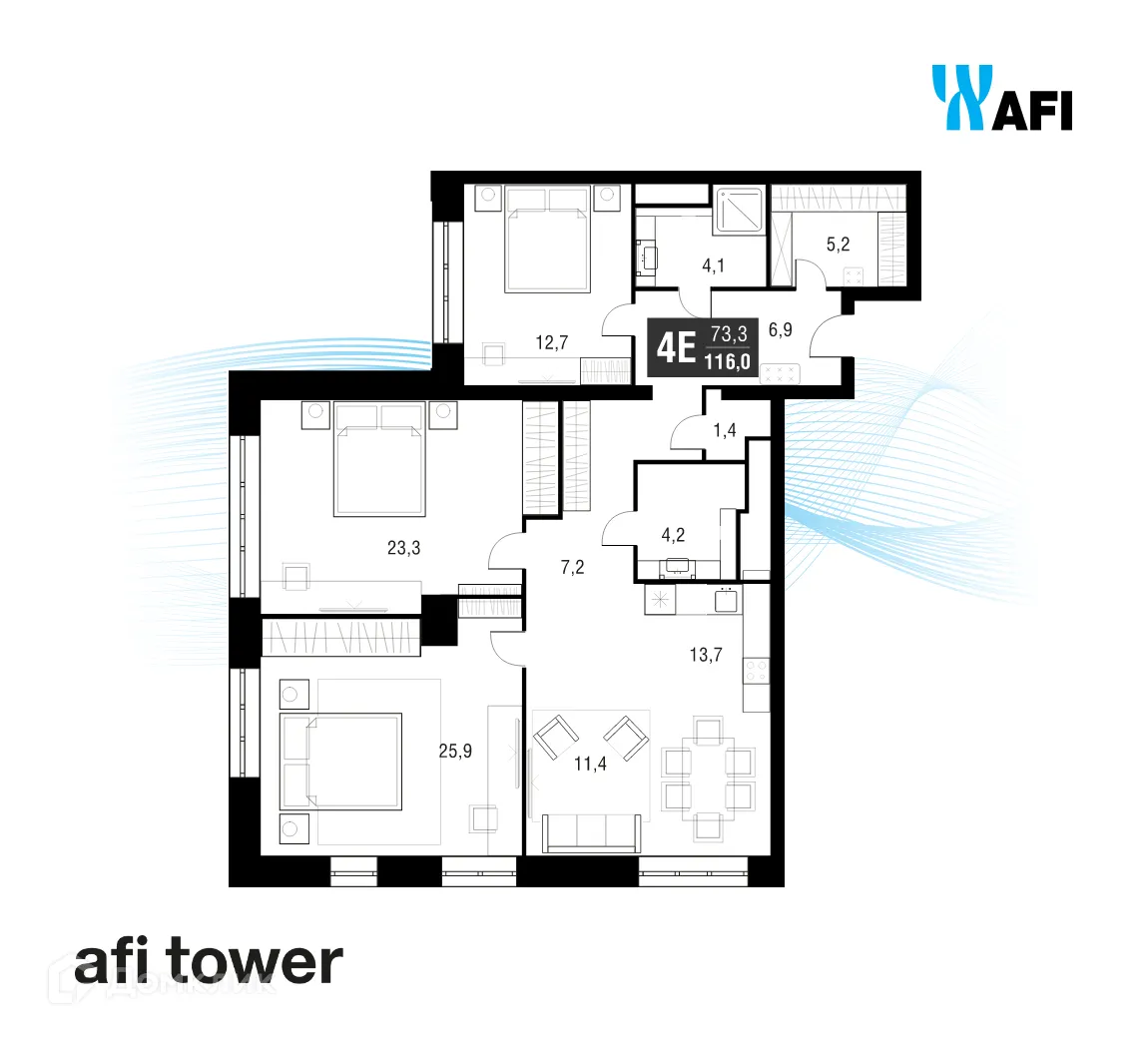 Планировка 4-комнатной квартиры 115.5 м² в ЖК "Afi Tower (Афи Тауэр)", г. Москва — фото 1