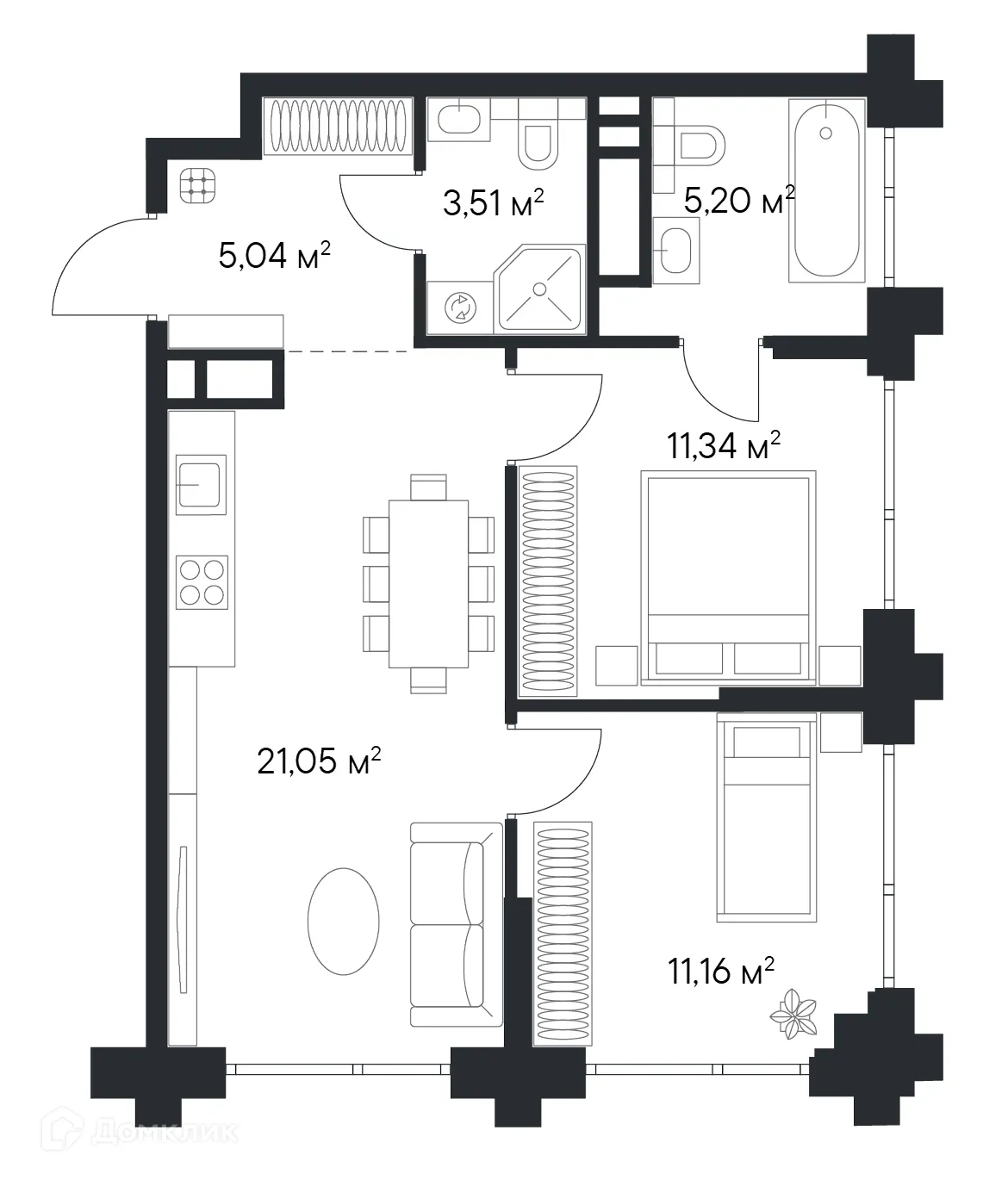 Планировка 2-комнатной квартиры 56.62 м² в ЖК «1-й Нагатинский», г. Москва — фото 1