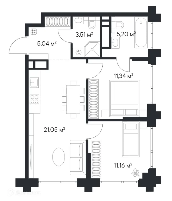 Планировка 2 комн. в ЖК «1-й Нагатинский»