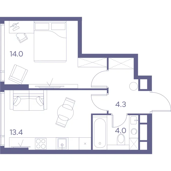 Планировка 1 комн. в Зе Лот от Аквилон
