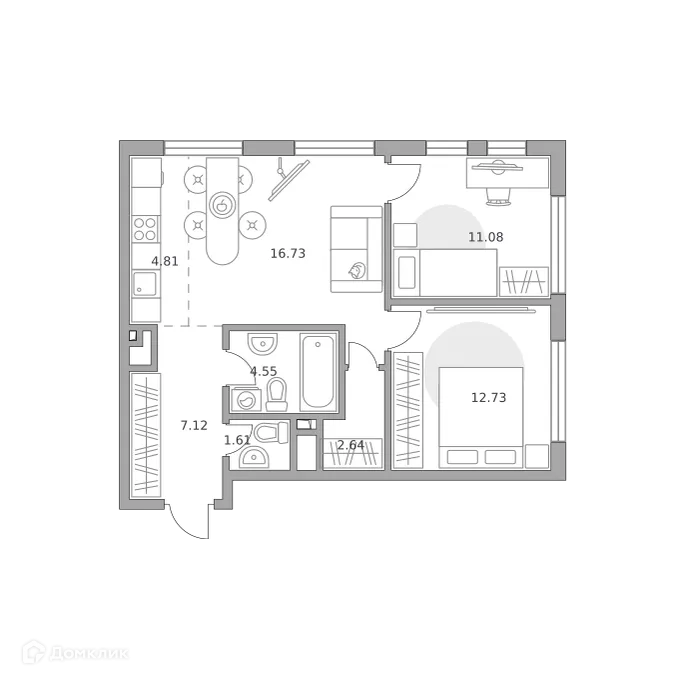 Планировка 3-комнатной квартиры 61.27 м² в ЖК BeLuck Коломенское (БеЛук Коломенское), г. Москва — фото 1