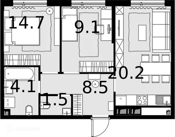 Планировка 2 комн. в ЖК Дом MALEVICH