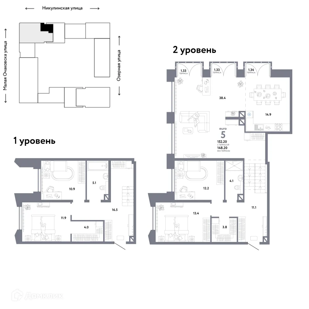 Планировка 5-комнатной квартиры 152.2 м² в ЖК Страна.Озерная, г. Москва — фото 1
