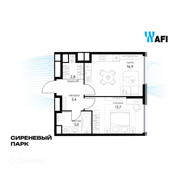 Планировка 1 комн. в ЖК "Сиреневый парк"