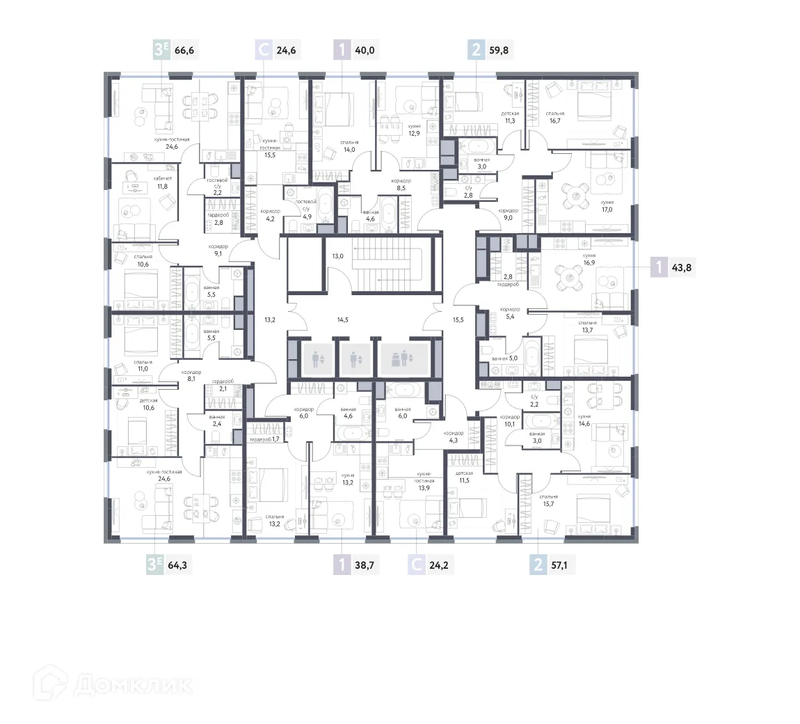 Планировка 1-комнатной квартиры 43.3 м² в ЖК "Сиреневый парк", г. Москва — фото 2