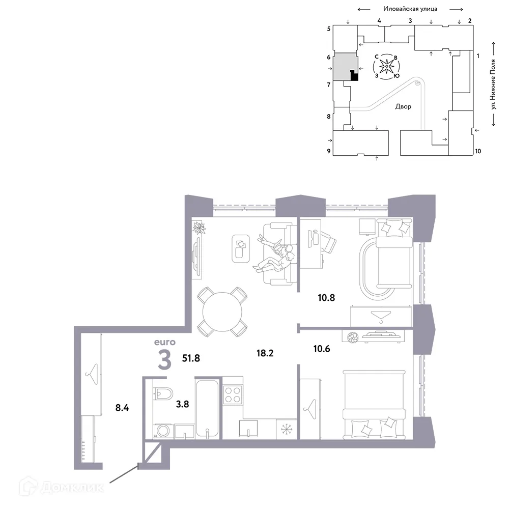 Планировка 3-комнатной квартиры 51.8 м² в ЖК СТРАНА.ЗАРЕЧНАЯ, г. Москва — фото 1