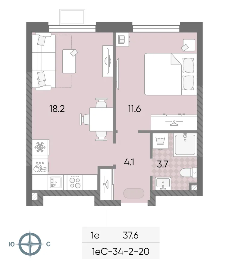 Планировка 1-комнатной квартиры 37.6 м² в ЖК "Лучи", г. Москва — фото 2