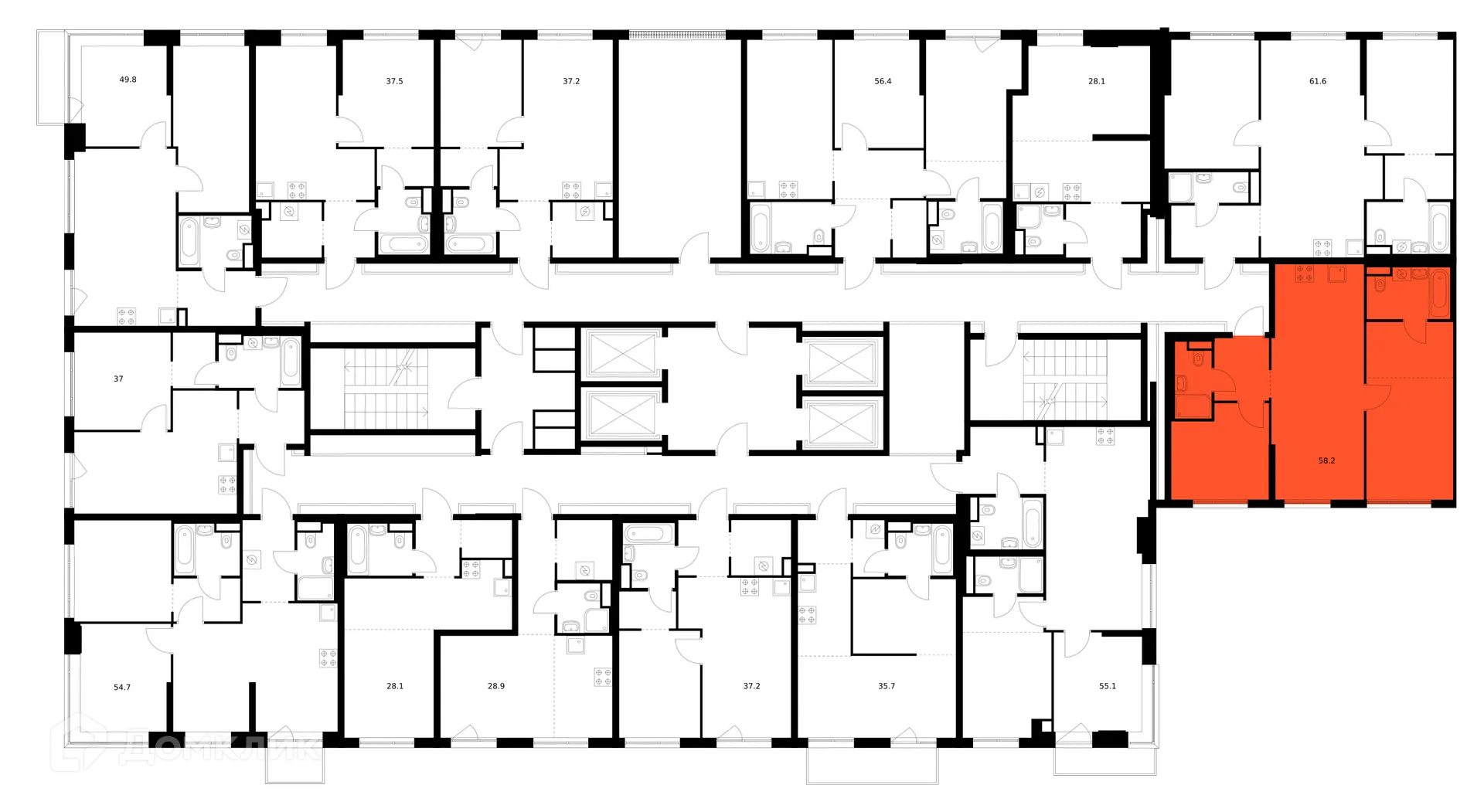 Планировка 2-комнатной квартиры 58.2 м² в ЖК Кавказский бульвар 51, г. Москва — фото 3