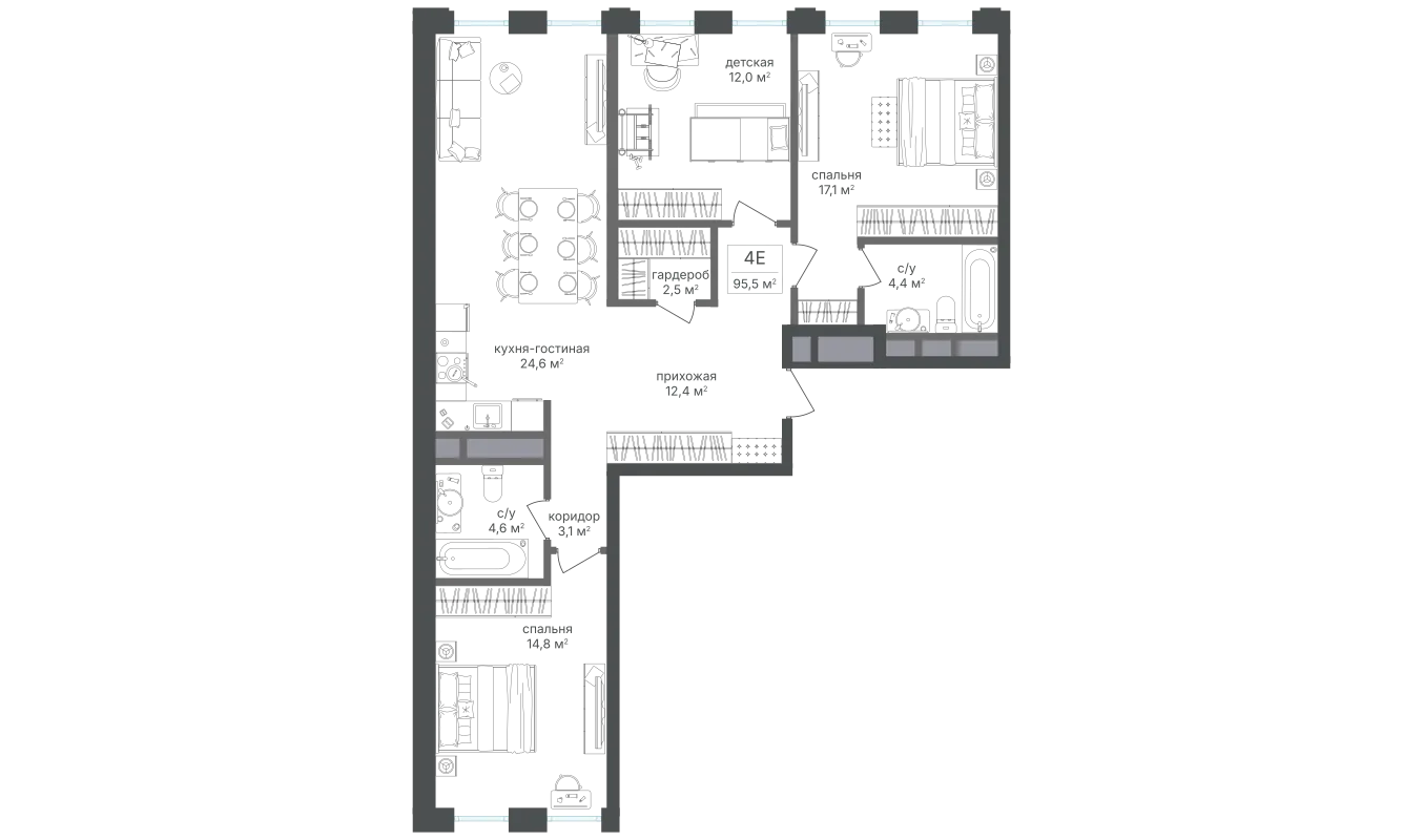 Планировка 3-комнатной квартиры 95.3 м² в ЖК Семеновский парк-2, г. Москва — фото 1