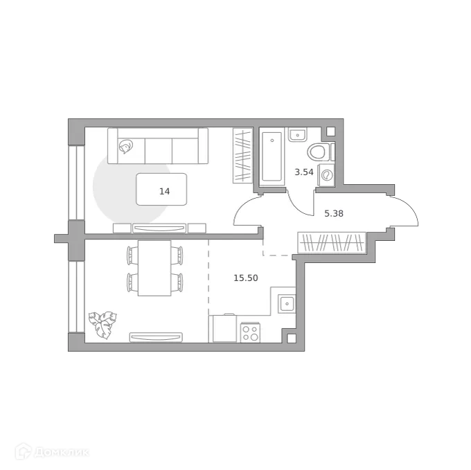 Планировка 1-комнатной квартиры 38.42 м² в ЖК MYPRIORITY Dubrovka (МАЙПРИОРИТИ Дубровка), г. Москва — фото 1