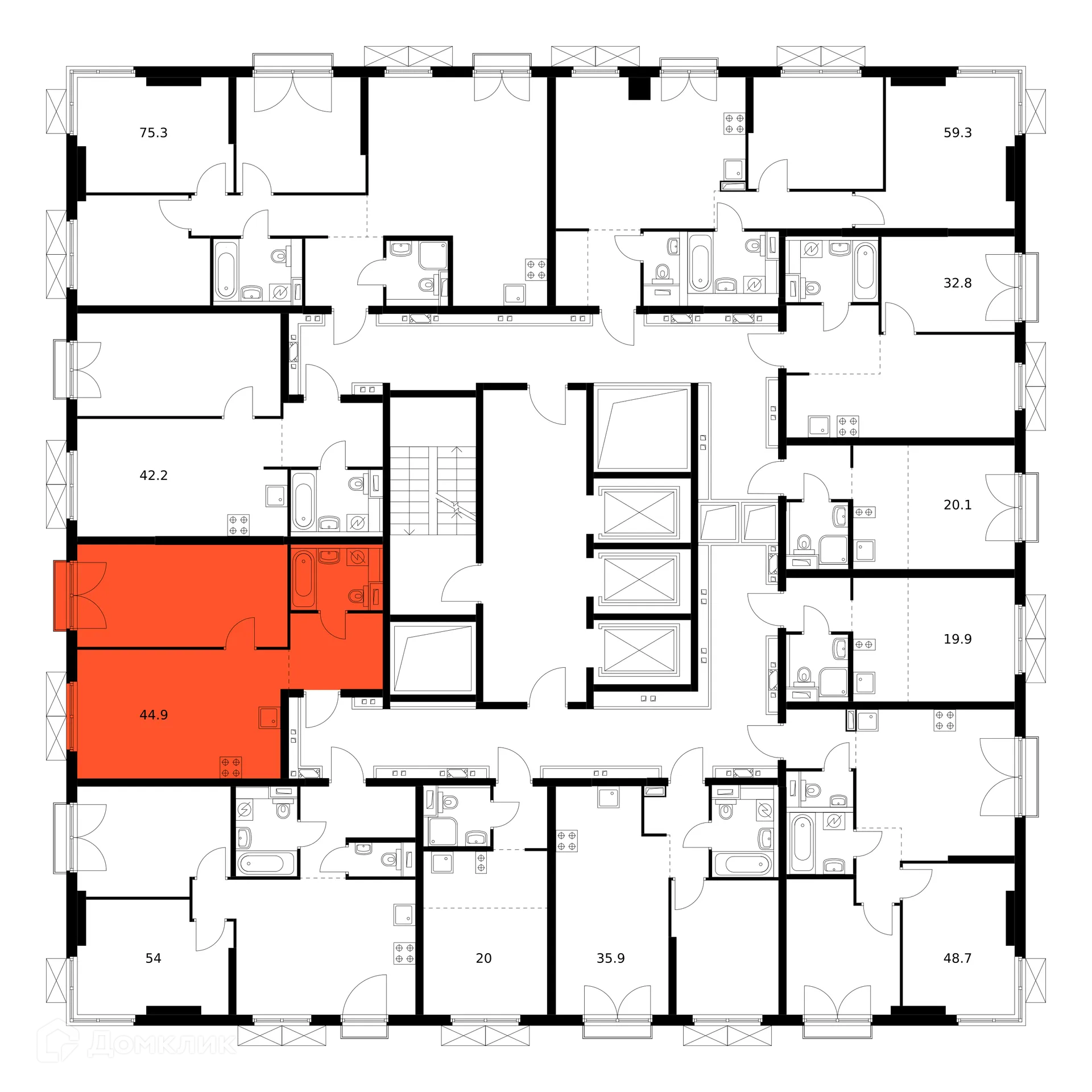 Планировка 1-комнатной квартиры 44.5 м² в ЖК Руставели 14, г. Москва — фото 3
