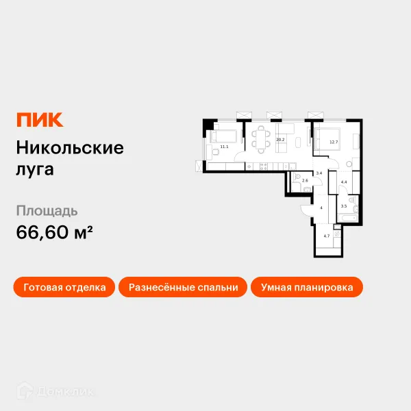 Планировка 2 комн. в ЖК Никольские луга