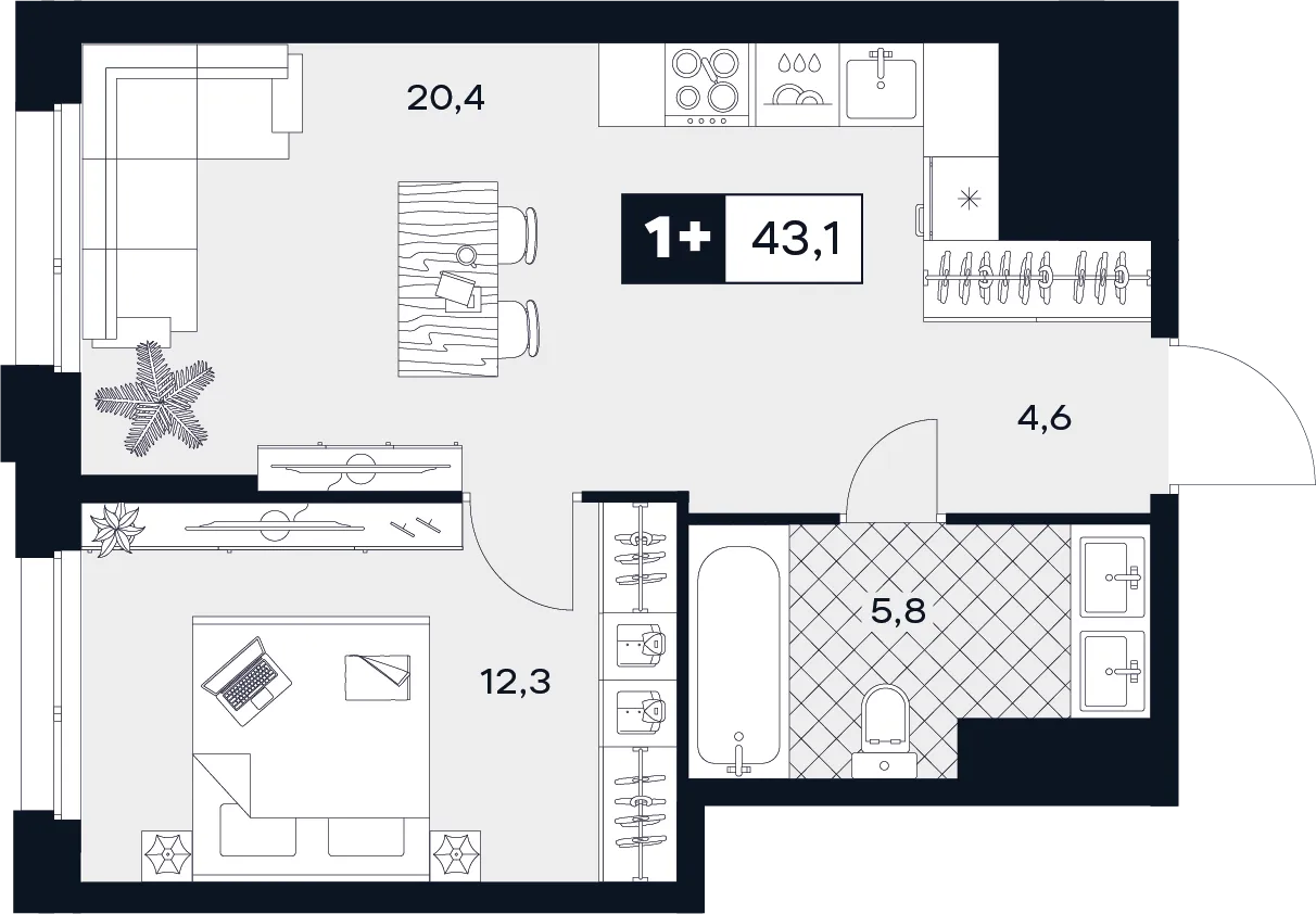 Планировка 1-комнатной квартиры 43.1 м² в ЮТУ, г. Москва — фото 1