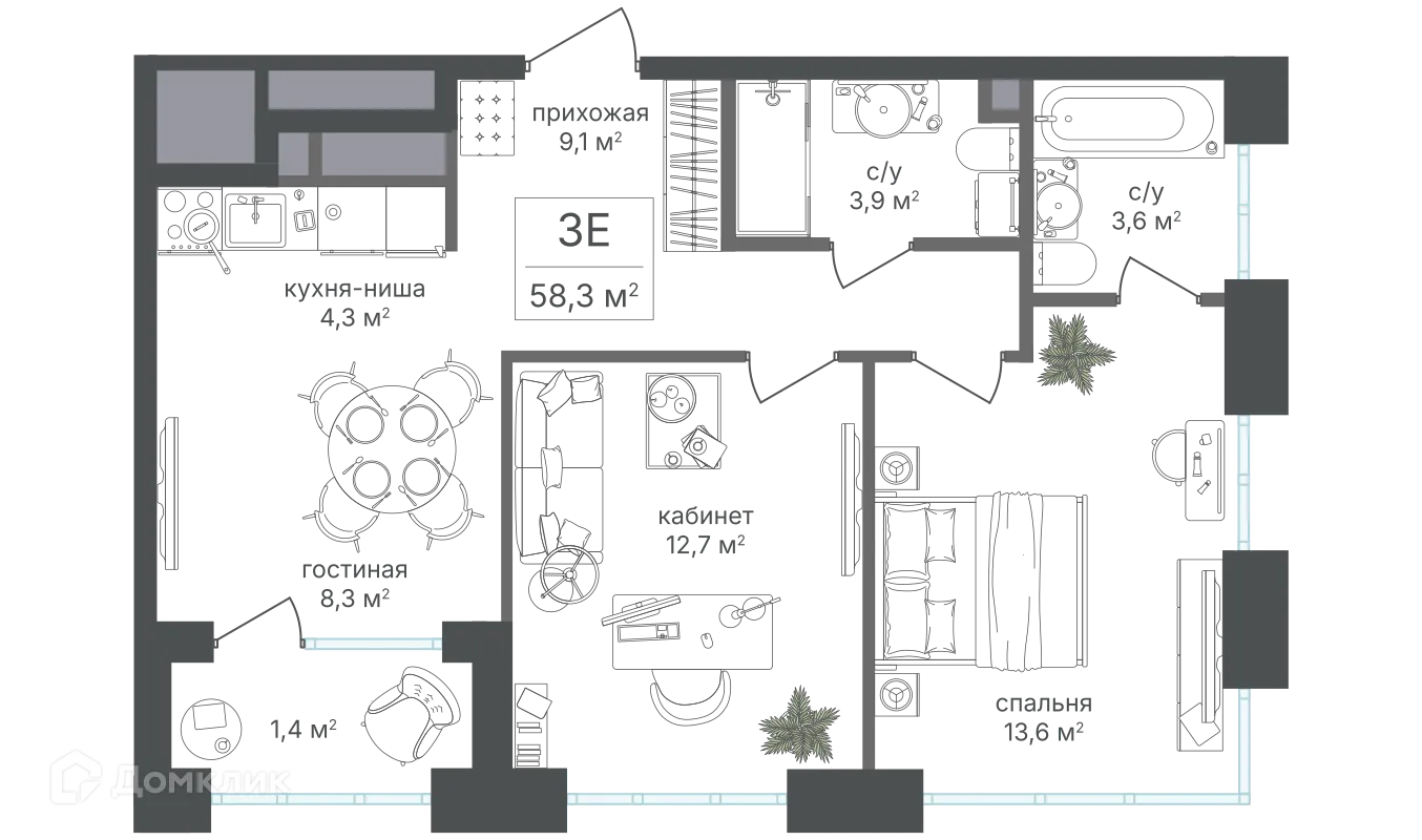 Планировка 3-комнатной квартиры 56.9 м² в ЖК Михалковский, г. Москва — фото 1