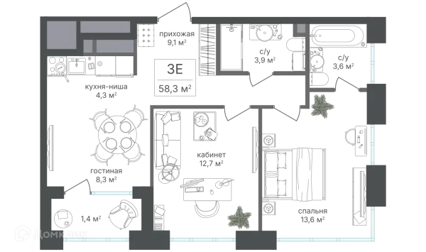 Планировка 3 комн. в ЖК Михалковский