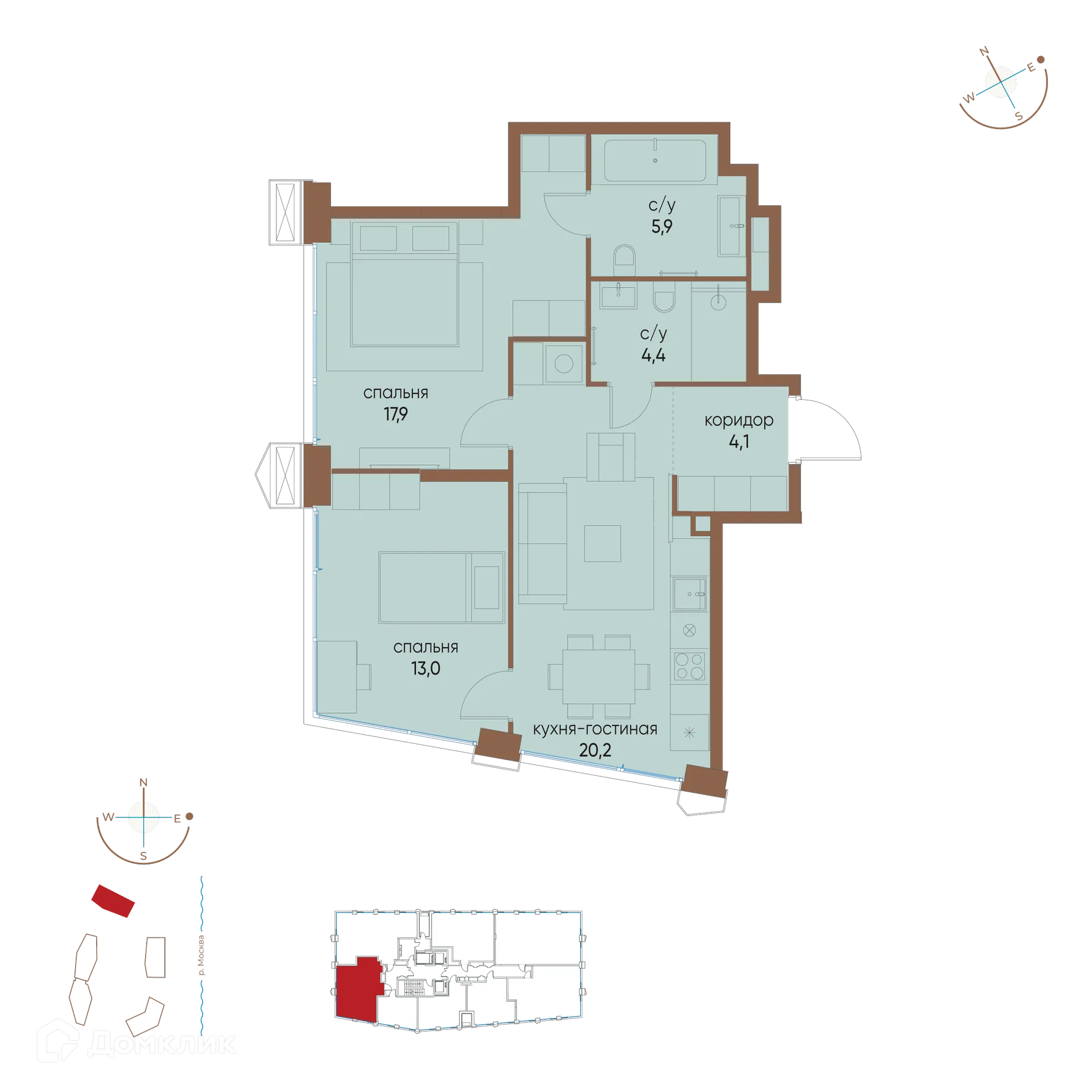 Планировка 2-комнатной квартиры 65.5 м² в ЖК "Остров", г. Москва — фото 1