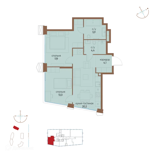 Планировка 2 комн. в ЖК "Остров"