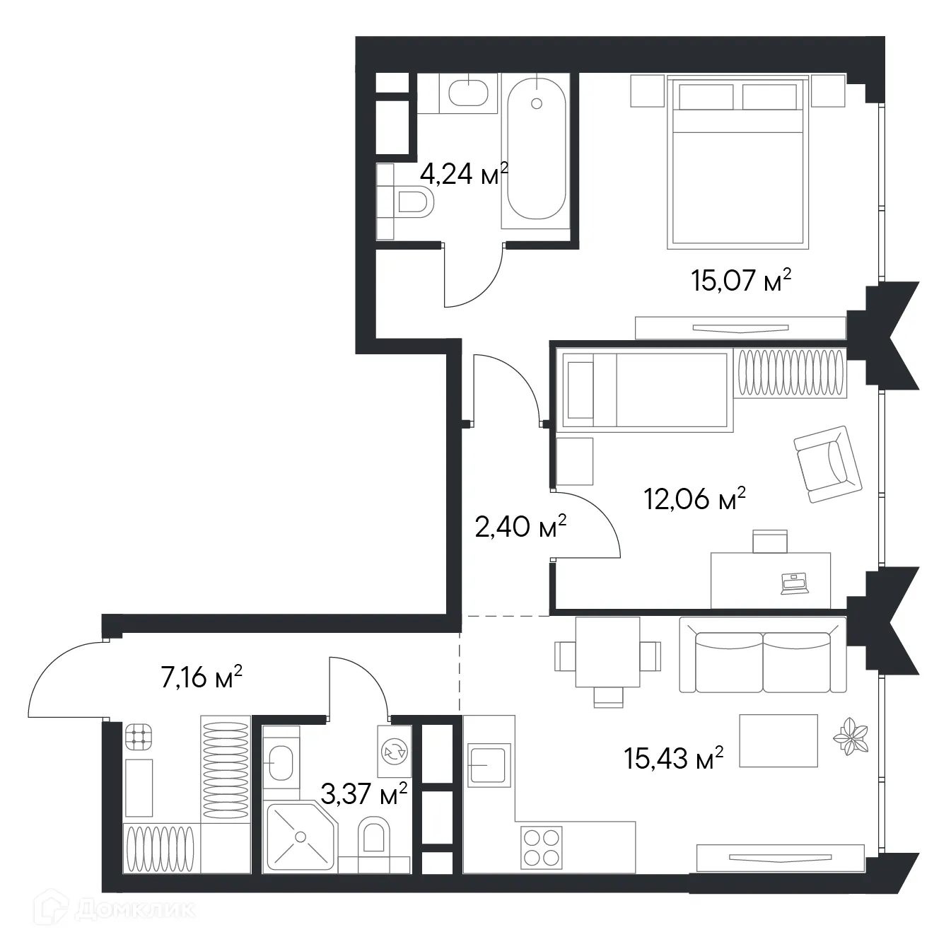 Планировка 2-комнатной квартиры 59.77 м² в ЖК «1-й Нагатинский», г. Москва — фото 1