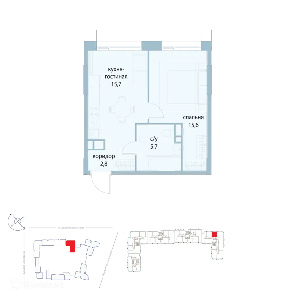 Планировка 1 комн. в ЖК "Символ"