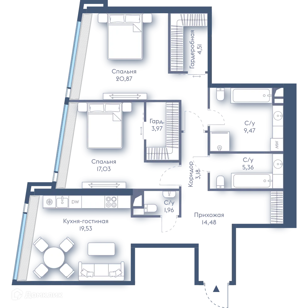 Планировка 2-комнатной квартиры 100.36 м² в ЖК Дом Дау, г. Москва — фото 1