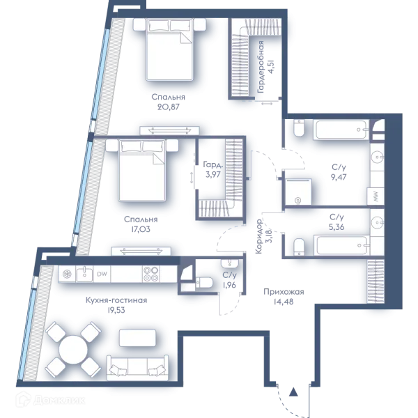 Планировка 2 комн. в ЖК Дом Дау