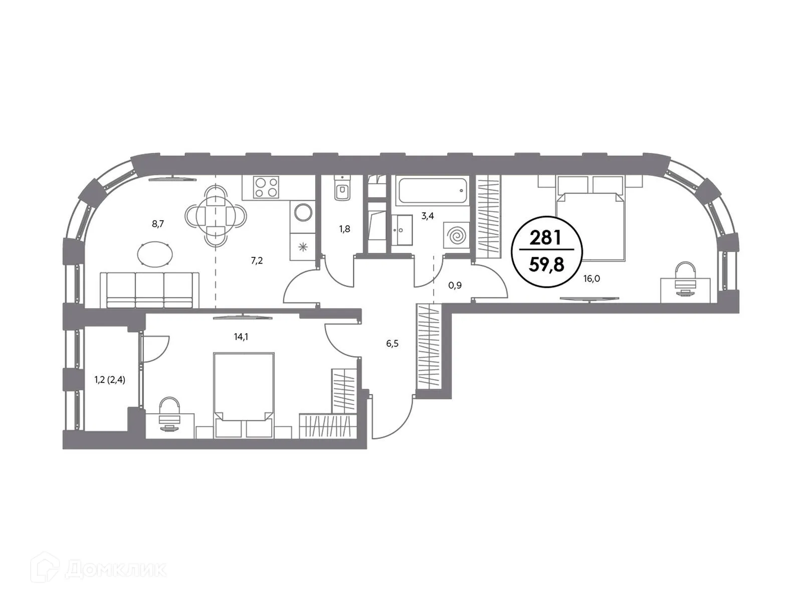 Планировка 3-комнатной квартиры 60 м² в ЖК АДМИРАЛ, г. Москва — фото 3