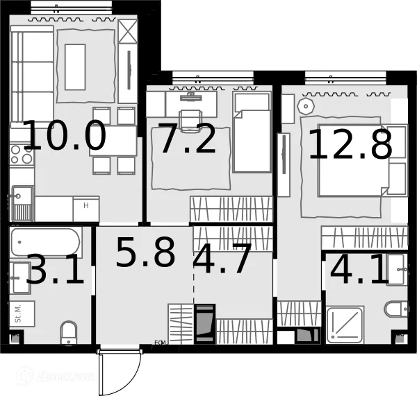 Планировка 2 комн. в ЖК Дом MALEVICH