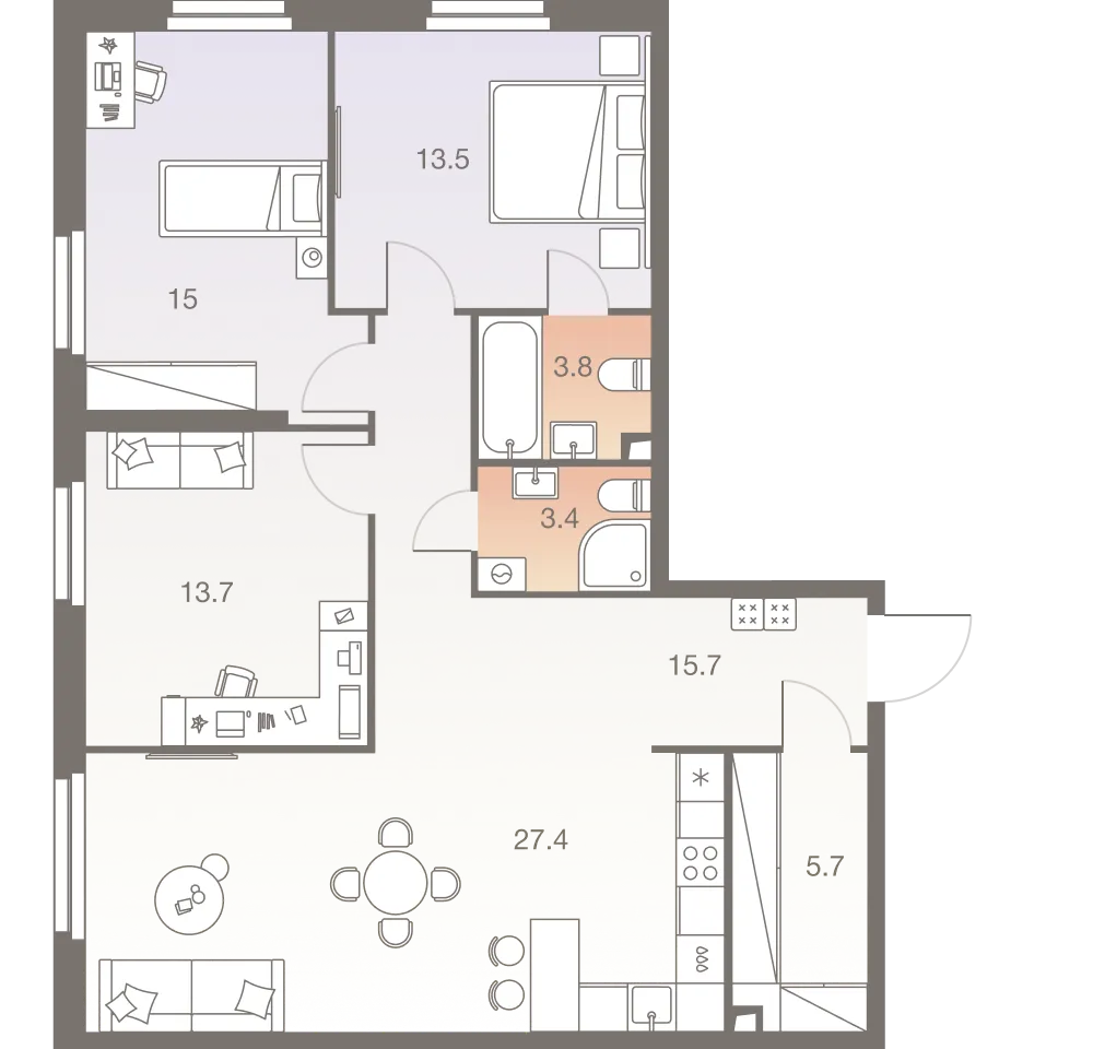 Планировка 4-комнатной квартиры 98.2 м² в ЖК Twelve  (Твелв ), г. Москва — фото 1