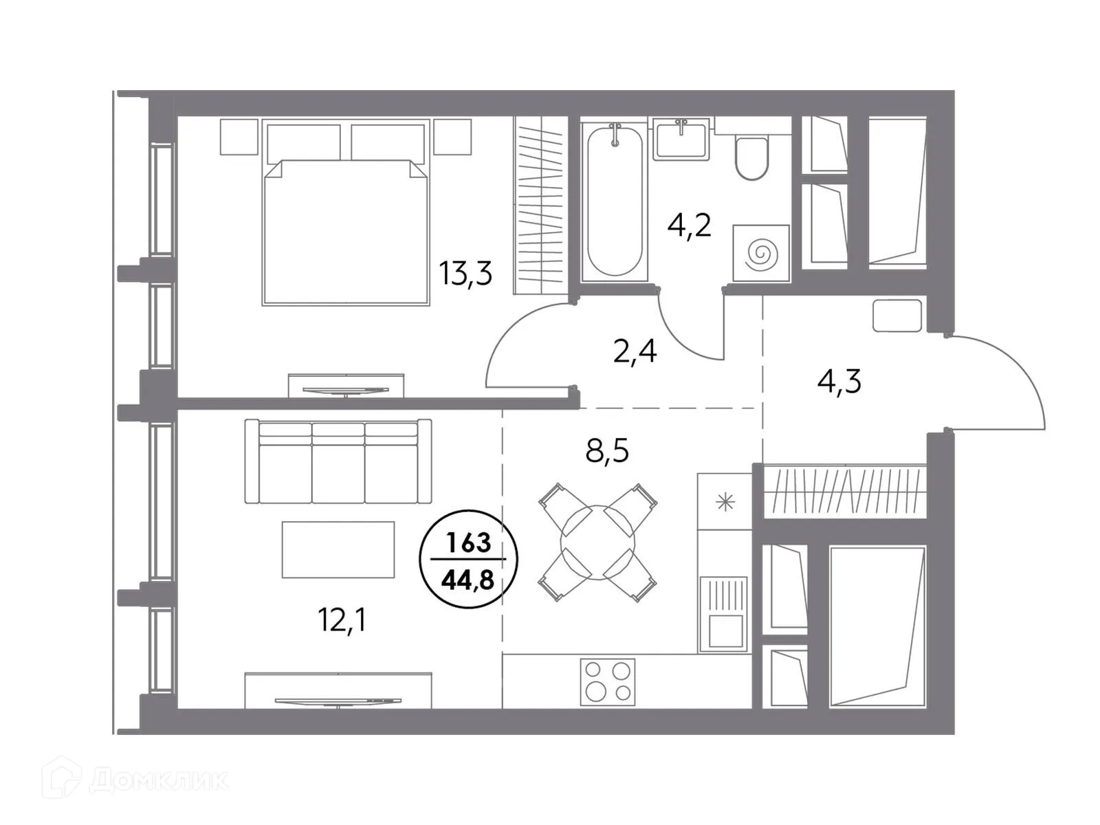Планировка 1-комнатной квартиры 44.8 м² в ЖК "Дом 56", г. Москва — фото 3