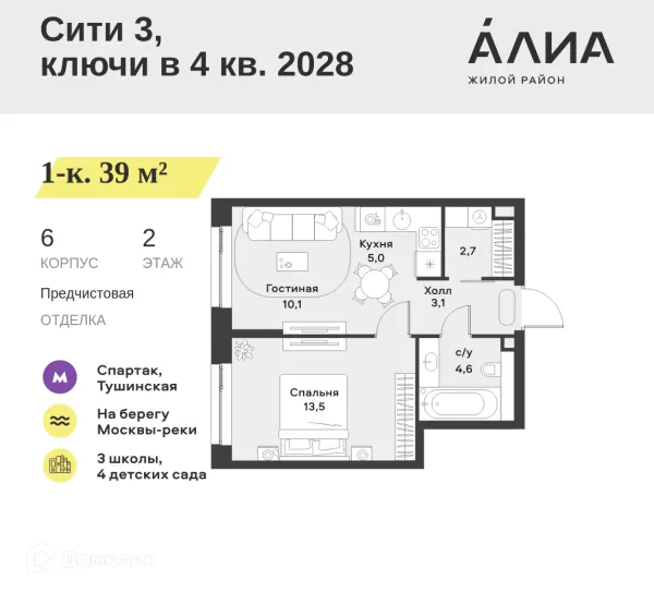 Планировка 1 комн. в ЖК "Жилой район ALIA (АЛИА)"