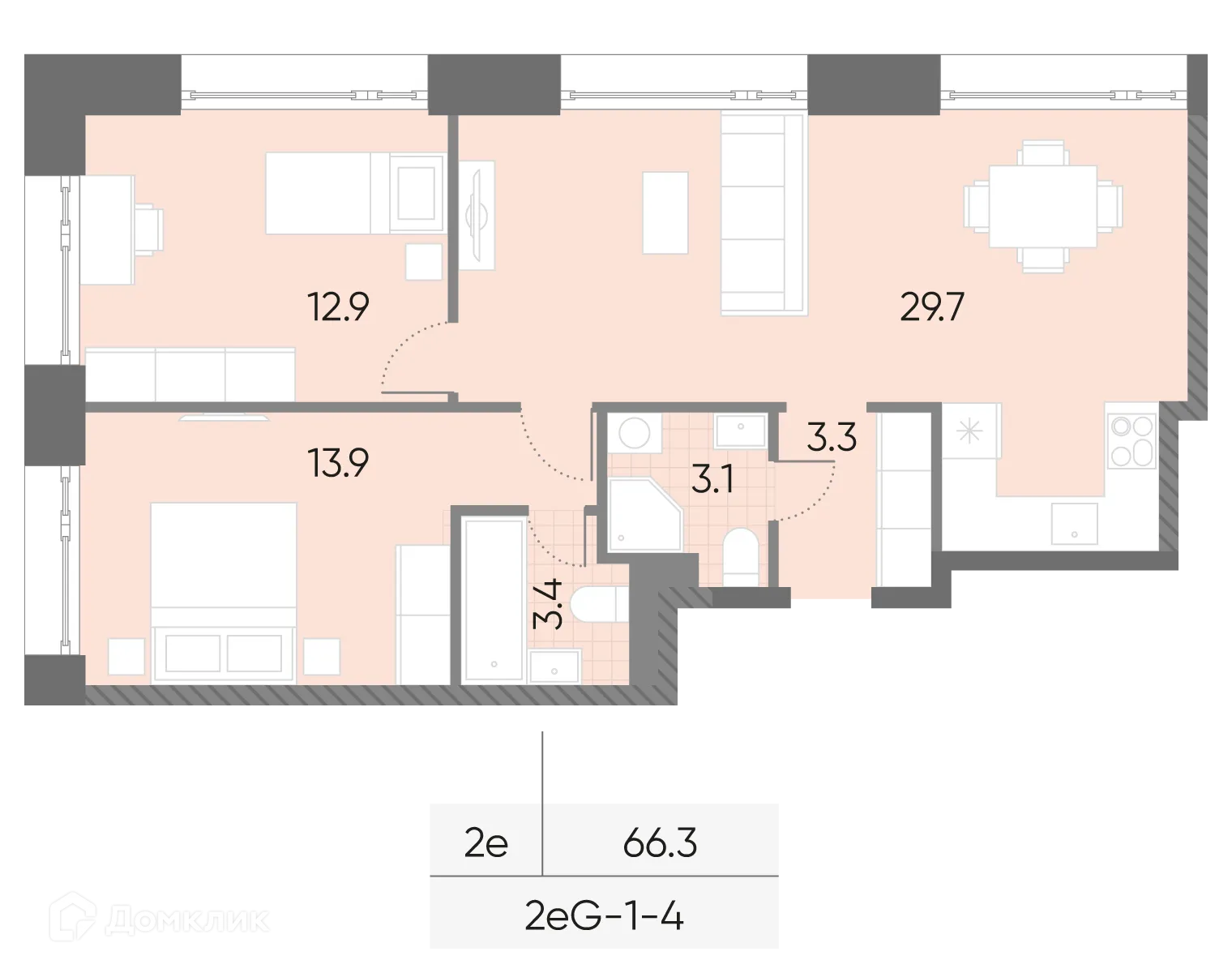 Планировка 2-комнатной квартиры 66.3 м² в ЖК "WAVE" (Вейв), г. Москва — фото 2