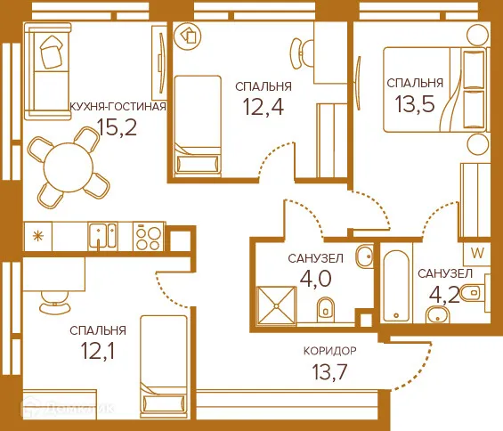 Планировка 3-комнатной квартиры 75.1 м² в ЖК Champine (Шампайн), г. Москва — фото 26