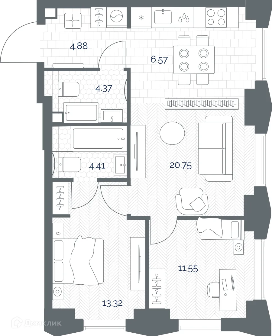Планировка 2-комнатной квартиры 65.85 м² в ЖК TATE (Тейт), г. Москва — фото 2