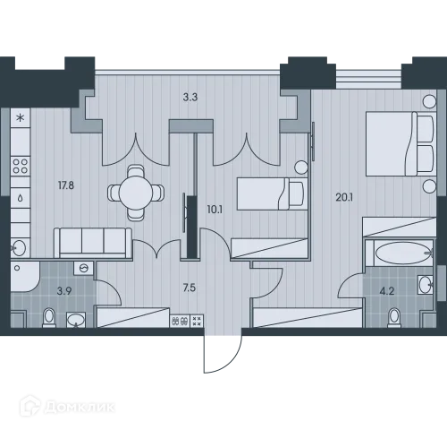 Планировка 3-комнатной квартиры 67 м² в ЖК Эвер, г. Москва — фото 1