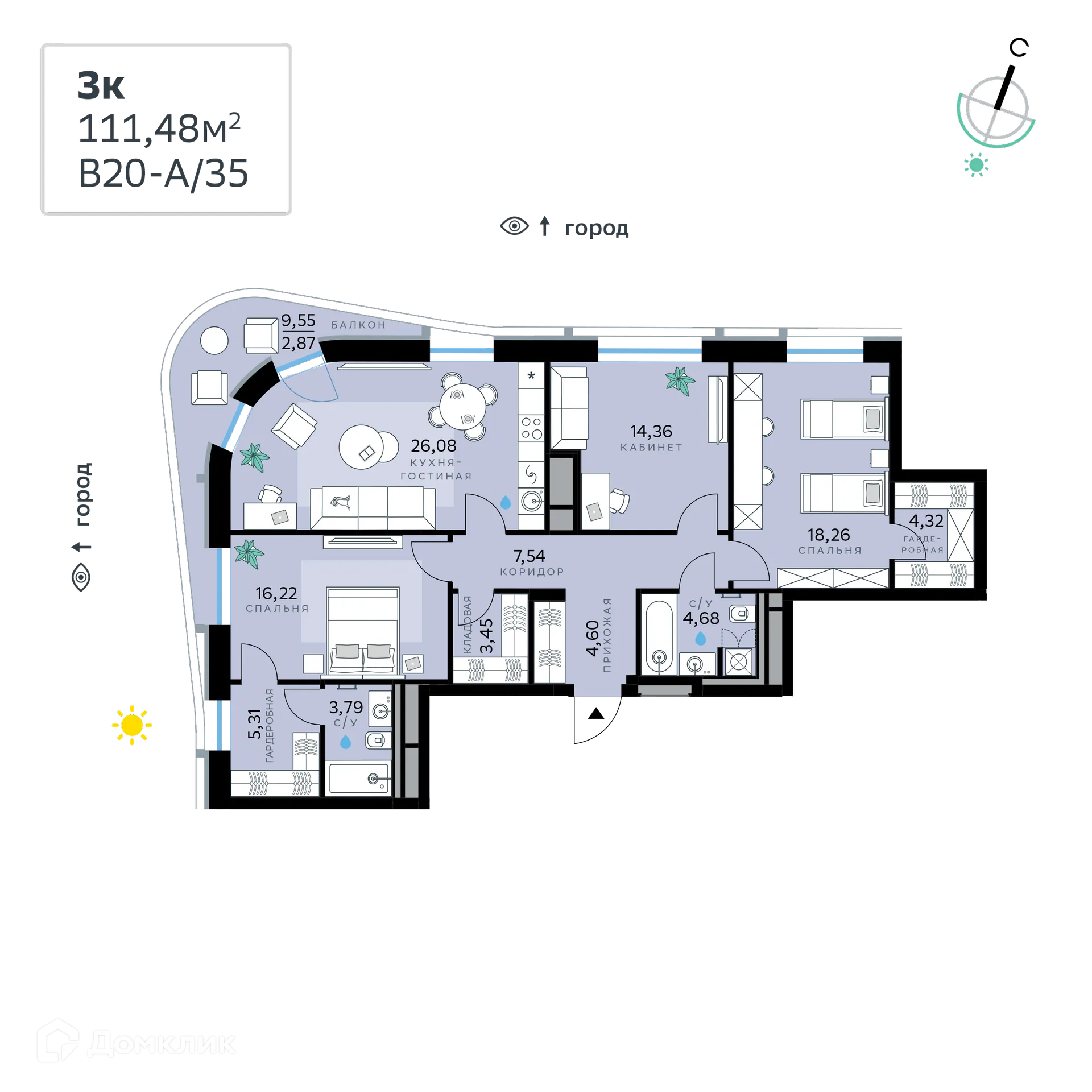 Планировка 3-комнатной квартиры 111.48 м² в СберСити - квартал В20, г. Москва — фото 1