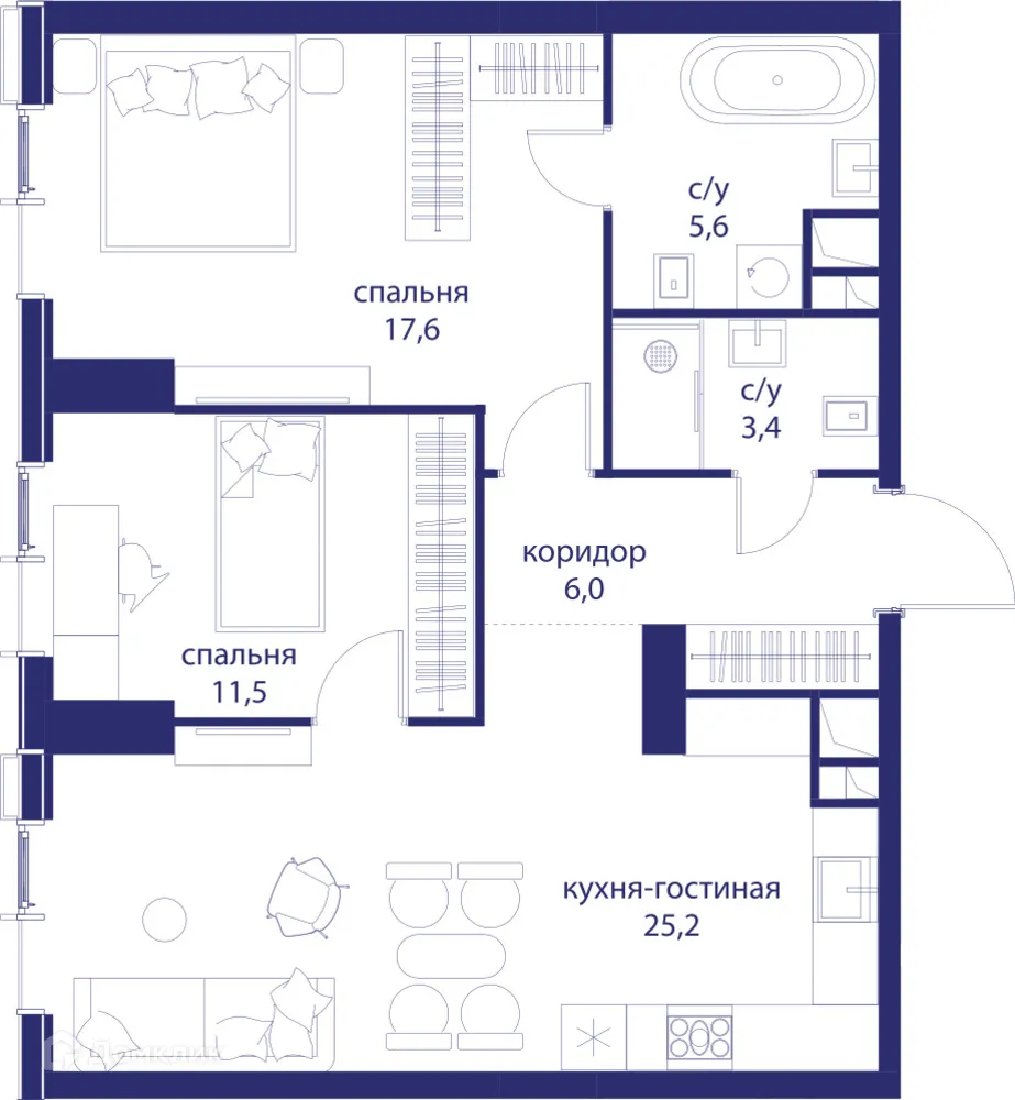 Планировка 1-комнатной квартиры 69.3 м² в ЖК "Событие", г. Москва — фото 2