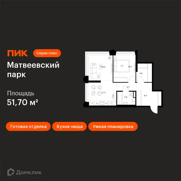 Планировка 2 комн. в ЖК Матвеевский парк