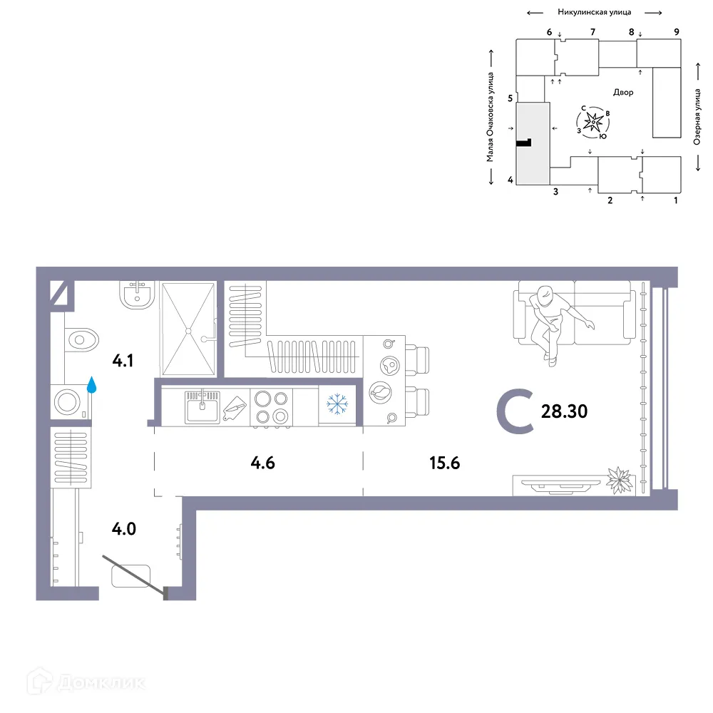 Планировка 1-комнатной квартиры 28.3 м² в ЖК Страна.Озерная, г. Москва — фото 1