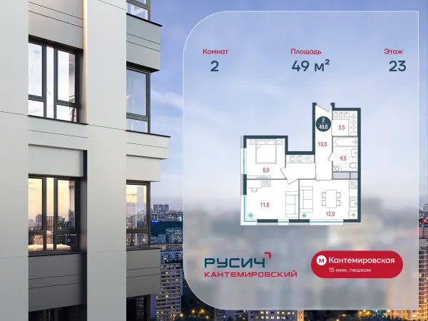 Планировка 2 комн. в ЖК Русич Кантемировский