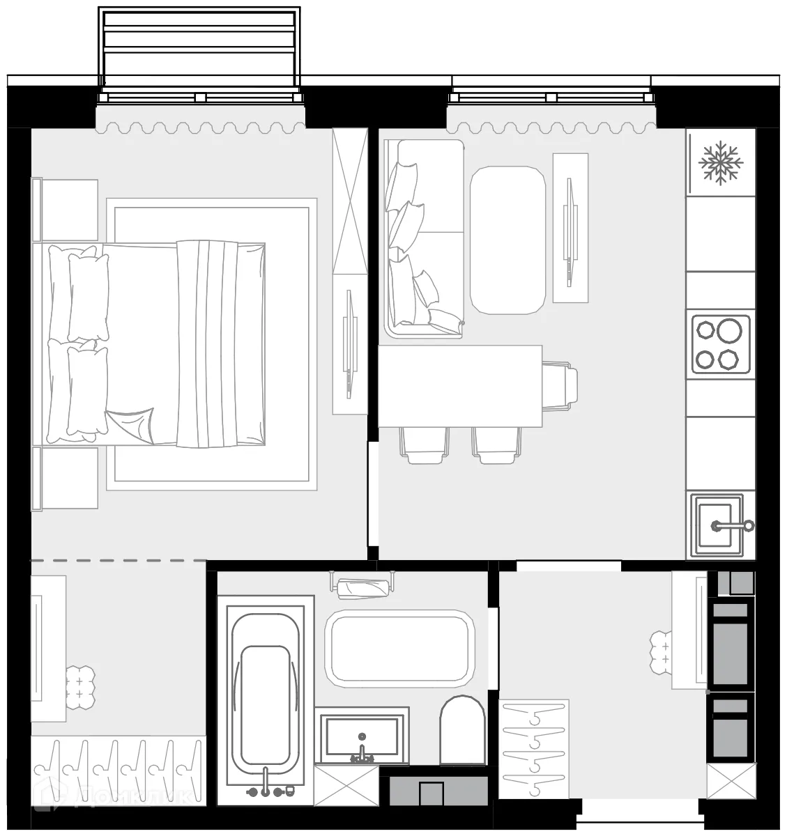 Планировка 1-комнатной квартиры 34.3 м² в ЖК "Новая Звезда-2", г. Москва — фото 1