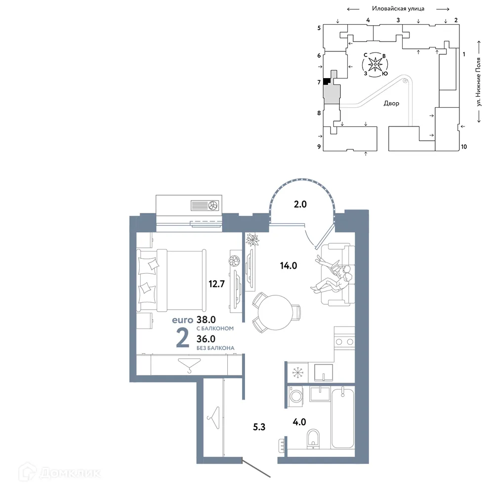 Планировка 2-комнатной квартиры 38 м² в ЖК СТРАНА.ЗАРЕЧНАЯ, г. Москва — фото 1