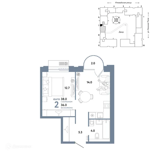 Планировка 2 комн. в ЖК СТРАНА.ЗАРЕЧНАЯ