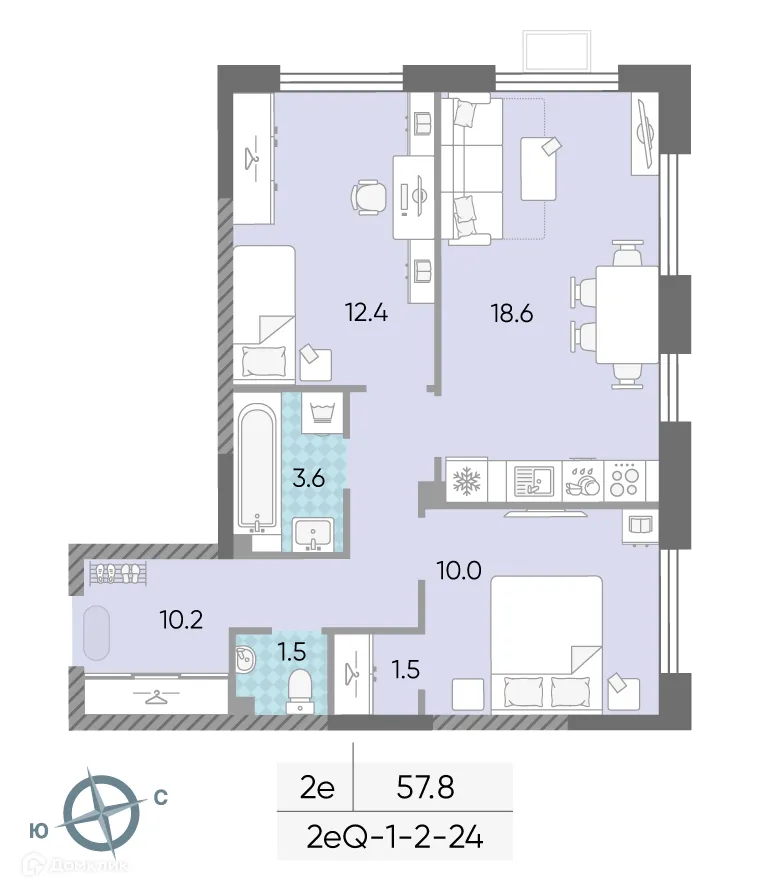 Планировка 2-комнатной квартиры 56.5 м² в ЖК "Лучи", г. Москва — фото 2
