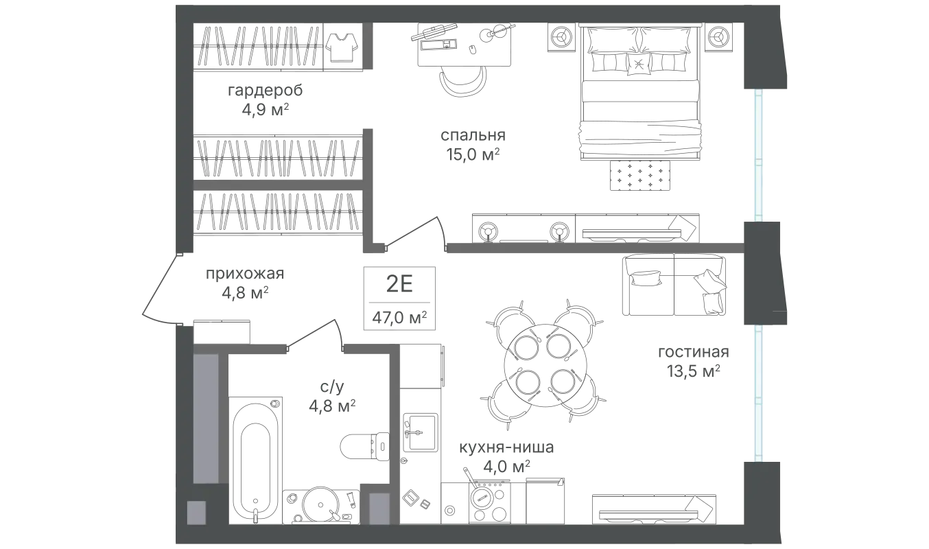 Планировка 2-комнатной квартиры 47 м² в ЖК Семеновский парк-2, г. Москва — фото 1