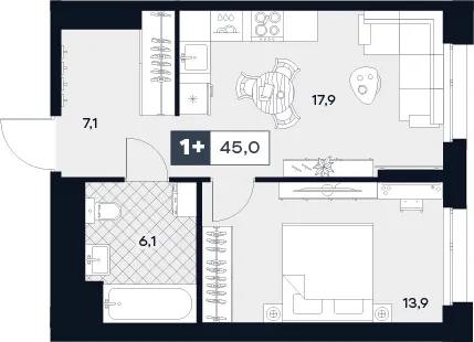 Планировка 1-комнатной квартиры 45 м² в ЮТУ, г. Москва — фото 1